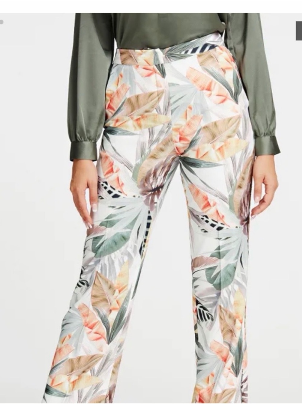 Marciano White Tropical Palm-Print Wide-Leg Trousers